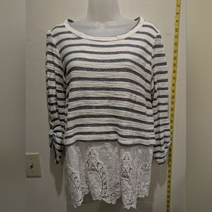 Blu Pepper Navy and White Striped Blouse with Lace Detail Size Large